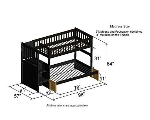 Size of Discovery World Furniture 2914-FULL-2992 Twin Over Full Staircase Bunk Bed with 3 Drawer Storage, Espresso