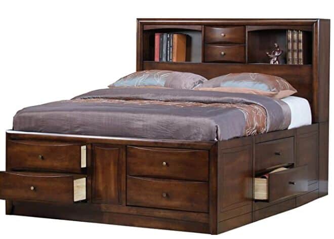 Hillary Queen Bookcase Bed with Underbed Storage Drawers Warm Brown