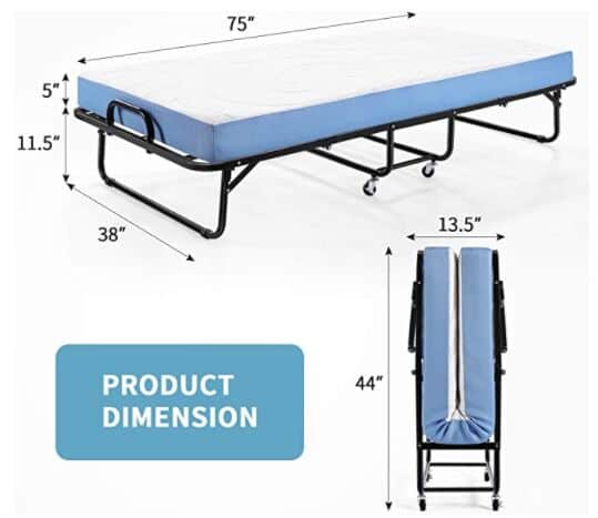 Inofia Foldable Folding Bed, Rollaway Extra Guest Bed with 5 Inch Memory Foam Mattress and Portable Metal Frame on Wheels - Easy Storage - Space Saving - Twin Size - 75 inches x 38 inches